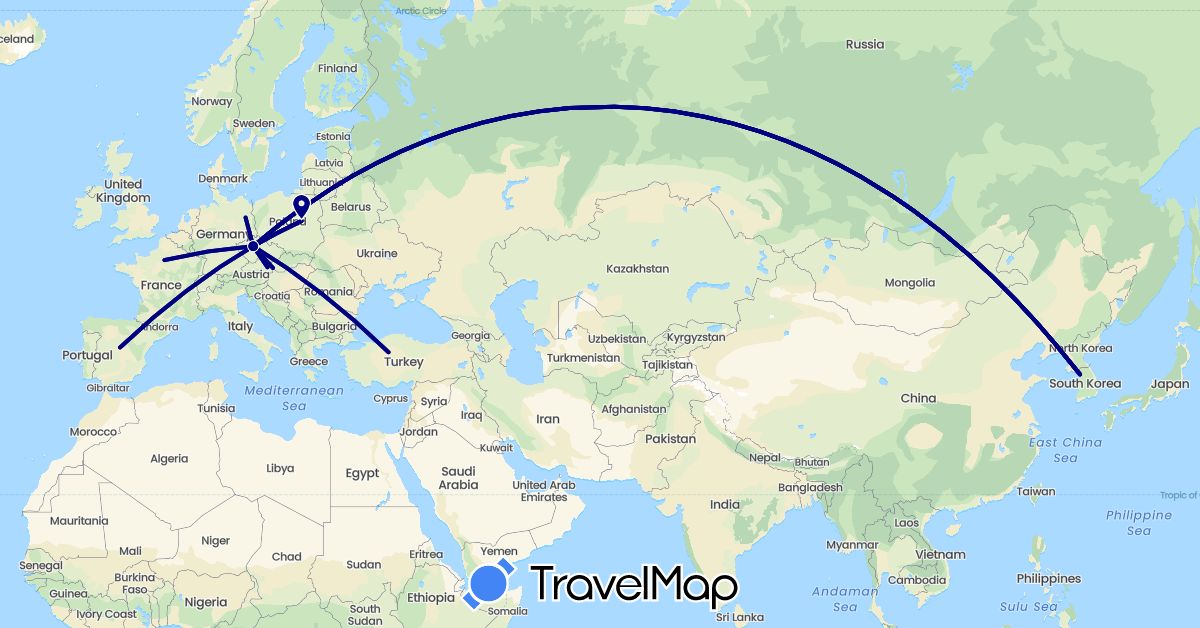 TravelMap itinerary: driving in Austria, Czech Republic, Germany, Spain, France, South Korea, Poland, Slovakia, Turkey (Asia, Europe)